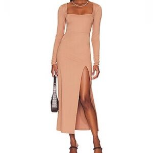 Revolve NBD Camel Slit Midi Dress